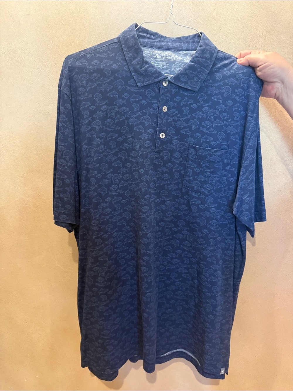 Peter Millar Navy Printed Polo with Chest Pocket